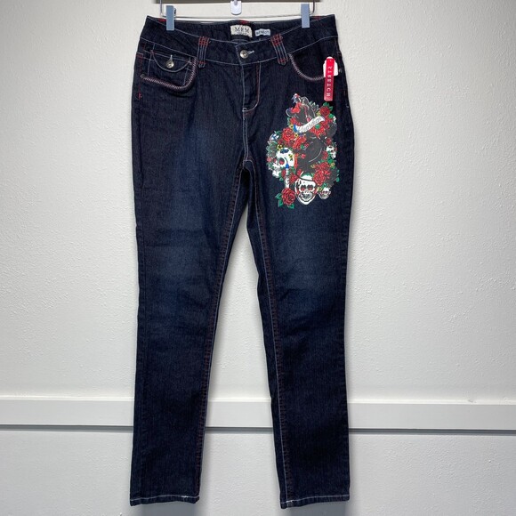 NWT MKM Designs Black Y2K Style Skull Floral Skinny Mid Rise Jeans Size 13 - Picture 2 of 11